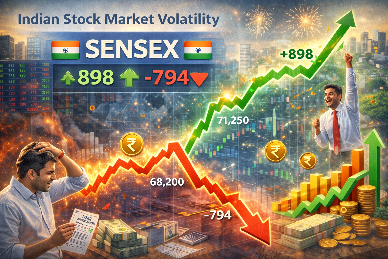 Indian stock market volatility showing Sensex rising and falling rapidly